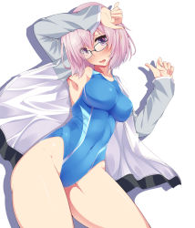 Rule 34 | 1girl, alternate costume, arms up, bad id, bad pixiv id, blue one-piece swimsuit, blush, breasts, competition swimsuit, contrapposto, covered navel, cowboy shot, fate/grand order, fate (series), glasses, highleg, highleg swimsuit, highres, jacket, light purple hair, looking at viewer, mash kyrielight, nksk, one-piece swimsuit, purple eyes, short hair, solo, standing, swimsuit, white background, white jacket