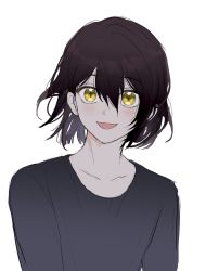 Rule 34 | 1boy, :d, black hair, black shirt, character request, hair between eyes, highres, laoyepo, looking at viewer, medium hair, open mouth, shirt, simple background, sketch, smile, solo, tears of themis, white background, yellow eyes