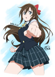 Rule 34 | 1girl, blue eyes, breasts, clenched hands, cropped legs, determined, fingernails, floating hair, foreshortening, from below, hair between eyes, hair ribbon, long hair, looking at viewer, looking down, love live!, love live! nijigasaki high school idol club, medium breasts, nijigasaki academy school uniform, osaka shizuku, parted lips, reaching, reaching towards viewer, ribbon, school uniform, signature, solo, two-tone background, watanabe keisuke