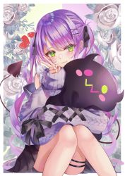 Rule 34 | 1girl, black ribbon, black skirt, blush, border, closed mouth, demon tail, fang, fang out, flower, green eyes, hair between eyes, hair ribbon, heart, highres, hololive, long hair, looking at viewer, miniskirt, outside border, pleated skirt, purple hair, purple sweater, ribbed sweater, ribbon, sitting, skin fang, skirt, sleeves past wrists, smile, solo, sweater, tail, thdlyesf0ubp9d3, thigh strap, tokoyami towa, tokoyami towa (jirai kei), twintails, v, very long hair, virtual youtuber, white border, white flower