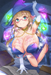 Rule 34 | 1girl, arm up, armpits, bare shoulders, bed, bespectacled, blue dress, blue hat, blush, body writing, book, braid, braided ponytail, breasts, choker, cleavage, closed mouth, collarbone, commentary request, demia duodectet, dress, elbow gloves, glasses, gloves, green eyes, hair flaps, hat, holding, holding clothes, holding hat, indoors, ishuzoku reviewers, large breasts, long hair, looking at viewer, magic, magic circle, multicolored hair, night, open book, pink hair, sidelocks, smile, solo, streaked hair, sugihara (sugihara2000), thighs, two-tone hair, wet, white gloves, window, witch, witch hat