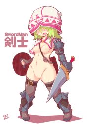 Rule 34 | 1girl, :d, armored boots, boots, breasts, brown footwear, brown gloves, brown thighhighs, capelet, cleft of venus, facing viewer, fingerless gloves, full body, gauntlets, gloves, green hair, groin, holding, holding shield, holding sword, holding weapon, knee boots, long hair, navel, nipples, open mouth, original, pussy, reku, reverse outfit, shadow, shield, small breasts, smile, solo, sword, thighhighs, uncensored, weapon, white background, white capelet, white headwear