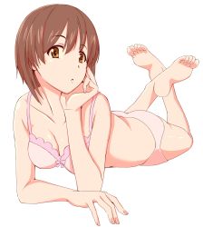 Rule 34 | 10s, 1girl, arm support, barefoot, bow, bow bra, bra, breasts, brown eyes, brown hair, cleavage, egooo, feet, feet up, full body, girls und panzer, hand on own cheek, hand on own face, looking at viewer, lying, medium breasts, nishizumi miho, on stomach, panties, pink bra, pink panties, plantar flexion, short hair, soles, solo, the pose, toes, underwear, underwear only, white background