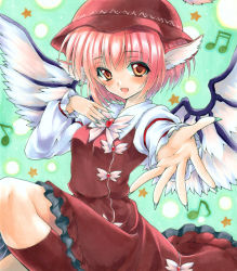 Rule 34 | 1girl, animal ears, blush, colored pencil (medium), dress, earrings, fingernails, hat, jewelry, long fingernails, marker (medium), millipen (medium), musical note, mystia lorelei, nail polish, open mouth, outstretched hand, pink hair, reaching, reaching towards viewer, red eyes, ren (endscape20), short hair, smile, solo, star (symbol), thighhighs, touhou, traditional media, wings