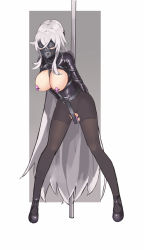 Rule 34 | 1girl, amiba (amiba00638239), arms behind back, azur lane, bdsm, black footwear, black pantyhose, blindfold, bondage, bound, breasts, breasts out, cloth gag, dildo, egg vibrator, female focus, full body, gag, gagged, graf zeppelin (azur lane), highres, improvised gag, large breasts, legs apart, long hair, nipple stimulation, object insertion, over the nose gag, pantyhose, pole, pussy, sex toy, shiny clothes, shoes, silver hair, simple background, solo, standing, straitjacket, torn clothes, torn pantyhose, two-tone background, uncensored, vaginal, vaginal object insertion, very long hair, vibrator, vibrator on nipple, white background