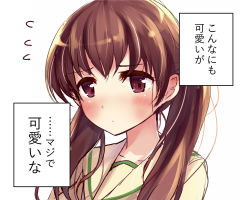Rule 34 | 10s, 1girl, alternate hairstyle, blush, brown eyes, brown hair, collarbone, ear visible through hair, ears visible through hair, flying sweatdrops, highres, kantai collection, long hair, ooi (kancolle), remodel (kantai collection), school uniform, serafuku, simple background, solo, soramuko, translation request, twintails, white background