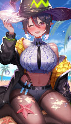 Rule 34 | 1girl, ;d, absurdres, amahara subaru, arm up, beach, black hair, black hat, black jacket, blush, breasts, brown pantyhose, collared shirt, day, frilled shirt, frills, grey shorts, hair between eyes, hat, highleg, highres, indie virtual youtuber, isonade orca, jacket, large breasts, long sleeves, looking at viewer, micro shorts, midriff, multicolored hair, navel, one eye closed, open clothes, open jacket, open mouth, outdoors, pantyhose, pointy ears, red eyes, red hair, shirt, shorts, sitting, sleeveless, sleeveless shirt, smile, solo, starfish, streaked hair, test tube, thighband pantyhose, virtual youtuber, white shirt, witch hat