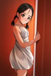 Rule 34 | 1girl, absurdres, bare arms, bare shoulders, black hair, braid, closed mouth, dress, forehead, highres, looking at viewer, looking to the side, low twintails, matsunaga kouyou, nose, original, parted bangs, sleeveless, sleeveless dress, smile, solo, twin braids, twintails, white dress