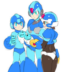 Rule 34 | 1girl, 2boys, aile (mega man zx), android, ass, blue eyes, blush, bodystocking, bodysuit, brown hair, closed mouth, gloves, helmet, layered sleeves, long sleeves, mega man (character), mega man (classic), mega man (series), x (mega man), mega man x (series), mega man zx, model x (mega man), multiple boys, open mouth, short hair, short over long sleeves, short sleeves, simple background, smile, ukimukai, white background
