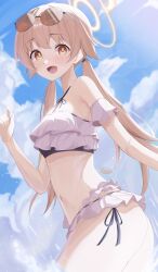 Rule 34 | 1girl, absurdres, bare arms, bare legs, bare shoulders, bikini, blue archive, blush, breasts, cowboy shot, day, eyewear on head, frilled bikini, frills, halo, hifumi (blue archive), hifumi (swimsuit) (blue archive), highres, light brown hair, long hair, looking at viewer, low twintails, nvem8738, official alternate costume, open mouth, outdoors, small breasts, smile, solo, sunglasses, swimsuit, twintails, white bikini, yellow eyes, yellow halo
