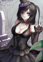 Rule 34 | 1girl, absurdres, bare shoulders, black hair, breasts, bridal gauntlets, brown eyes, choker, cleavage, cowboy shot, cross-laced clothes, dress, elbow gloves, fingerless gloves, gloves, gothic lolita, hat, highres, lolita fashion, medium breasts, original, short hair, solo, sonikey0 0