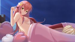 Rule 34 | 10s, 1girl, bed sheet, breasts, covering nipples, covering privates, frilled pillow, frills, hair ornament, hairclip, heart, heart-shaped pillow, lamia, light rays, light smile, matching hair/eyes, miia (monster musume), monster girl, monster musume no iru nichijou, nail polish, nipples, nude, on bed, orange eyes, orange hair, pillow, pointy ears, pov across bed, red hair, scale, scales, slit pupils, smile, solo, under covers, z - chcrghan