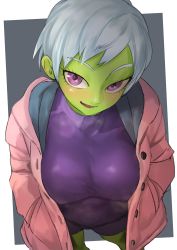 Rule 34 | 1girl, bodysuit, bodysuit under clothes, breasts, cheelai, coat, colored skin, covered erect nipples, dragon ball, dragon ball super, dragon ball super broly, eyelashes, female focus, green skin, hands in pockets, highres, hood, hooded coat, hooded jacket, jacket, kilye kairi, large breasts, looking at viewer, open mouth, purple bodysuit, purple eyes, short hair, skin tight, smile, solo, standing, white hair