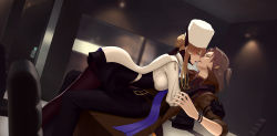Rule 34 | 1boy, 1girl, absurdres, bianca: zero (punishing: gray raven), bianca (punishing: gray raven), black pants, blonde hair, blue eyes, brown hair, brown jacket, cape, chair, colomar, door, fur hat, green eyes, hair bun, hat, highres, imminent kiss, indoors, jacket, lips, long hair, looking at another, lying, lying on person, on back, open mouth, pants, punishing: gray raven, single hair bun, sleeves rolled up, ushanka, watanabe: nightblade (punishing: gray raven), watanabe (punishing: gray raven), white cape, white headwear, white jacket