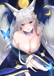 Rule 34 | 1girl, absurdres, animal ear fluff, animal ears, azur lane, bare shoulders, blue butterfly, blue collar, blue eyes, blue kimono, breasts, bug, butterfly, cleavage, collar, feather boa, fox ears, fox girl, full moon, grey hair, hair ornament, hakushiki, highres, insect, japanese clothes, kimono, kitsune, kyuubi, large breasts, large tail, long hair, looking at viewer, moon, multiple tails, off shoulder, shinano (azur lane), solo, tail, thighhighs, very long hair, white tail, white thighhighs, wide sleeves