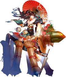Rule 34 | 1girl, alternate costume, black hair, bomb, cannon, explosive, full body, garuku, gloves, hair between eyes, hair ornament, highres, holding, holding umbrella, japanese clothes, kimono, long hair, looking at viewer, official art, oil-paper umbrella, oshiro project:re, oshiro project:re, pointing, pointing to the side, purple eyes, rope, sandals, shigisan (oshiro project), shimenawa, sidelocks, smile, solo, transparent background, umbrella, white gloves, wide sleeves