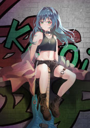 Rule 34 | 1girl, absurdres, asahi rokka, bang dream!, bare shoulders, blush, collarbone, dated commentary, full body, groin, hair between eyes, hair down, hair intakes, highres, jewelry, looking to the side, midriff, navel, necklace, patpang, short shorts, shorts, sidelocks, sitting, solo, thigh strap