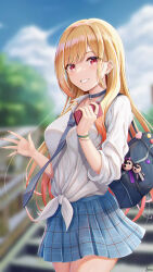 Rule 34 | 1girl, absurdres, arus, bag, barbell piercing, black choker, blue skirt, blurry, blurry background, blush, bracelet, breasts, choker, ear piercing, fake nails, gyaru, highres, holding, holding phone, industrial piercing, jewelry, kitagawa marin, large breasts, long hair, looking at viewer, outdoors, phone, piercing, pink nails, red eyes, school bag, shirt, skirt, smile, solo, sono bisque doll wa koi wo suru, uniform, white shirt