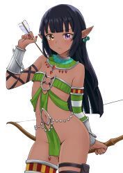 Rule 34 | 1boy, absurdres, arrow (projectile), bare hips, black hair, blunt bangs, bow (weapon), commission, convenient censoring, cuffs, dark elf, dark skin, detached sleeves, earrings, egyptian clothes, elf, gem, heterochromia, highres, hime cut, jewelry, jtleeklm, long hair, looking at viewer, midriff, nail polish, navel, no panties, orange eyes, original, over-kneehighs, pearl earrings, pelvic curtain, pixiv commission, pointy ears, purple eyes, quiver, red gemstone, revealing clothes, simple background, solo, thighhighs, trap, usekh collar, weapon, white background