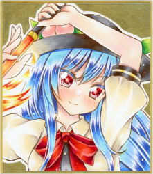 Rule 34 | 1girl, black headwear, blue hair, blush, bow, bowtie, collared shirt, food, fruit, graphite (medium), hair between eyes, hinanawi tenshi, holding, holding sword, holding weapon, looking at viewer, marker (medium), nekofish666, peach, red bow, red bowtie, red eyes, shirt, short sleeves, smile, solo, sword, touhou, traditional media, v-shaped eyebrows, weapon, white shirt