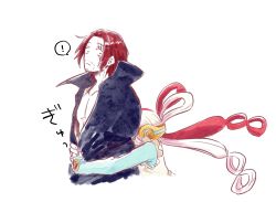 Rule 34 | !, 1boy, 1girl, age difference, black cape, cape, choko egg, facial hair, father and daughter, grabbing, grabbing from behind, hair rings, highres, hug, long hair, looking at another, manly, multicolored hair, one piece, one piece film: red, pectorals, red hair, scar, scar across eye, shanks (one piece), short hair, simple background, size difference, surprised, two-tone hair, uta (one piece), very long hair, white background