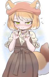 Rule 34 | 1girl, alternate costume, animal ears, beige shirt, beret, blush, brown dress, casual, collared shirt, commentary request, cowboy shot, dress, embarrassed, extra ears, fox ears, fox girl, fox shadow puppet, fox tail, green eyes, hat, highres, jewelry, kemono friends, kuro (kurojill), light brown hair, looking at viewer, multicolored hair, necklace, puffy short sleeves, puffy sleeves, red hat, shirt, short hair, short sleeves, solo, tail, tibetan fox (kemono friends), two-tone hair, white shirt