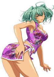 Rule 34 | 1girl, ass, blush, breasts, curvy, dark skin, dark-skinned female, female focus, green hair, ikkitousen, large breasts, long hair, looking at viewer, one eye closed, ryofu housen, smile, solo, tagme, twintails, wink