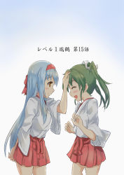Rule 34 | 10s, 2girls, :d, ^ ^, arm behind back, blush, closed eyes, comic, closed eyes, grey hair, hair ribbon, hairband, hand on another&#039;s head, headband, headpat, japanese clothes, kantai collection, long hair, miko, multiple girls, open mouth, pleated skirt, red skirt, ribbon, sakimiya (inschool), shoukaku (kancolle), skirt, smile, translated, twintails, white hair, zuikaku (kancolle)