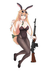 Rule 34 | 1girl, ahoge, animal ears, automatic rifle, aviator sunglasses, black leotard, black pantyhose, blonde hair, bow, bowtie, breasts, cleavage, cyka, detached collar, eyewear on head, fake animal ears, fishnet pantyhose, fishnets, full body, girls&#039; frontline, green neckwear, gun, hair between eyes, hair flaps, highres, legs together, leotard, light machine gun, long hair, low-tied long hair, m1918 (bunny girl) (girls&#039; frontline), m1918 (girls&#039; frontline), m1918 bar, machine gun, medium breasts, name connection, necktie, object namesake, official alternate costume, pantyhose, playboy bunny, rabbit ears, rifle, short necktie, simple background, solo, squad automatic weapon, strapless, strapless leotard, sunglasses, very long hair, weapon, white background, wrist cuffs