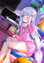 Rule 34 | 10s, 1girl, barefoot, blue eyes, blurry, blush, bow, breasts, depth of field, eromanga sensei, hair bow, highres, indoors, izumi sagiri, long hair, looking at viewer, one eye closed, pajamas, pink bow, silver hair, sitting, small breasts, solo, swordsouls, tears, thighs