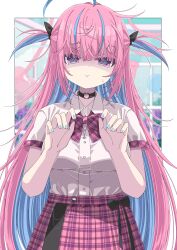 Rule 34 | 1girl, :&gt;, @ @, absurdres, ahoge, black collar, blue hair, bow, bowtie, closed mouth, collar, commentary request, highres, hololive, looking at viewer, minato aqua, minato aqua (school uniform), multicolored hair, outdoors, pink hair, pink skirt, plaid, plaid bow, plaid bowtie, plaid skirt, shirt, short sleeves, skirt, solo, tsukimirin, two-tone hair, two side up, virtual youtuber, white shirt