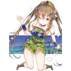 Rule 34 | 10s, 1girl, bare legs, bare shoulders, belt, boots, brown hair, choker, clothes lift, dress, dress lift, elf, highres, jewelry, long hair, lots of jewelry, myucel foalan, one eye closed, outbreak company, panties, pointy ears, purple eyes, ribbon, smile, solo, sword, tiara, twintails, underwear, weapon, white panties, yuugen