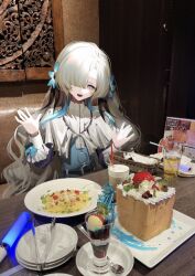 Rule 34 | +9 (181b39 ), 1girl, 2d dating, blue dress, blue hair, cake, capelet, dress, drink, food, glowstick, grey eyes, grey hair, hair over one eye, hands up, highres, indoors, isekai joucho, kamitsubaki studio, looking at viewer, mixed media, multicolored hair, open mouth, pasta, photo (medium), plate, restaurant, smile, solo, spaghetti, two-tone hair, virtual youtuber
