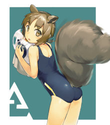 Rule 34 | 1girl, absurdres, animal ears, arknights, ass, brown eyes, brown hair, chinese commentary, highres, large tail, looking back, school swimsuit, shaw (arknights), short hair, simple background, squirrel tail, swimsuit, tail, zhongye yu