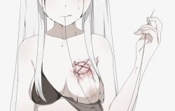 Rule 34 | 1girl, anime coloring, artist request, black bra, blood, blush, bra, breasts, character name, collarbone, creepypasta, crying, holding, holding needle, mouth hold, needle, nipples, original, pale skin, sasseo kim (kyone burst), self-upload, simple background, solo, source request, stitches, string, underwear, white background, white hair