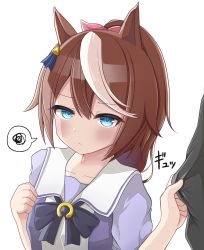 Rule 34 | 1girl, animal ears, black bow, blue eyes, blush, bow, brown hair, clenched hand, closed mouth, clothes tug, collarbone, commentary request, gokurin, hair bow, hands up, highres, horse ears, horse girl, light brown hair, long hair, looking at viewer, multicolored hair, pink bow, ponytail, sailor collar, short sleeves, simple background, solo focus, sound effects, spoken squiggle, squiggle, tokai teio (umamusume), umamusume, upper body, white background, white neckwear, white sailor collar