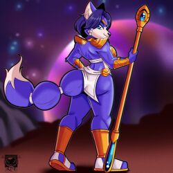 Rule 34 | absurdres, ass, blue fur, blue hair, from behind, furry, furry female, gauntlets, highres, jewelry, krystal, loincloth, looking back, nintendo, rodolfoslime, staff, star fox, star fox adventures