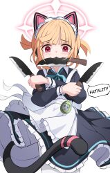 Rule 34 | 1girl, animal ear headphones, animal ears, apron, biting, black dress, blonde hair, blue archive, blush, cat ear headphones, cat tail, dress, fake animal ears, headphones, highres, knife, looking at viewer, momoi (blue archive), pantyhose, red eyes, shijima (shijima tc), simple background, solo, tail, twitter, white background, white pantyhose