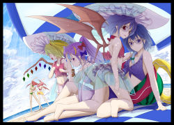 Rule 34 | 6+girls, :d, alternate hairstyle, ass, bad anatomy, bad feet, bad hands, barefoot, bat wings, beach, beach umbrella, bikini, blonde hair, blue eyes, blue hair, breasts, cleavage, day, double bun, embodiment of scarlet devil, fang, feet, female focus, flandre scarlet, food, front-tie top, fruit, gustav (telomere na), head wings, hong meiling, izayoi sakuya, koakuma, long hair, medium breasts, mouth hold, multiple girls, open mouth, outdoors, patchouli knowledge, ponytail, poorly drawn, popsicle, purple eyes, purple hair, red eyes, red hair, remilia scarlet, see-through, short hair, small breasts, smile, stretching, sunglasses, swimsuit, touhou, towel, twintails, umbrella, watermelon, wings