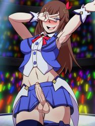 Rule 34 | 1futa, armpits, arms up, blush, bodyattk, brown hair, embarrassed, erection, exhibitionism, futanari, glowstick, highres, hololive, long hair, medium penis, open mouth, penis, precum, public indecency, skirt, smile, solo, stage, testicles, tokino sora, v, v over eye, virtual youtuber