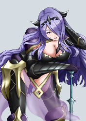 Rule 34 | 1girl, absurdres, armor, axe, bent over, black armor, boots, breasts, bustier, camilla (fire emblem), capelet, cleavage, fake horns, fire emblem, fire emblem fates, hair over one eye, highres, horned headwear, horns, large breasts, leaning, leaning on object, lips, loincloth, long hair, looking at viewer, nintendo, purple eyes, purple hair, solo, strap, tashige, thigh boots, thighhighs, thighs, tiara, vambraces, very long hair, weapon