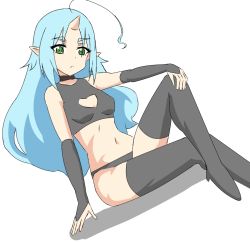 Rule 34 | 1girl, arcsin, black thighhighs, blue eyes, blue hair, blush, breasts, closed mouth, horns, long hair, looking at viewer, oni horns, onipan!, simple background, small breasts, solo, thighhighs, tsuyukusa (onipan!), white background