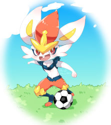 Rule 34 | 1boy, absurdres, animal feet, animal hands, artist name, ball, blue fur, blue sky, blush, body fur, bright pupils, buck teeth, chibi, cinderace, cloud, creatures (company), day, full body, furry, furry male, game freak, gen 8 pokemon, grass, happy, heel up, highres, ka ei volltis, looking to the side, male focus, navel, nintendo, open mouth, outdoors, playing sports, pokemon, pokemon (creature), rabbit boy, rabbit ears, red eyes, red fur, red hair, short hair, signature, sky, smile, soccer ball, solo, standing, stomach, teeth, twitter username, white fur, white pupils, yellow fur