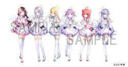 6+girls aizawa_ema aqua_bow aqua_bowtie aqua_eyes aqua_hair arm_behind_back black_bow black_ribbon blonde_hair blue_bow blue_bowtie blue_hair bow bowtie closed_mouth detached_sleeves double_bun double_v dress dress_bow earrings full_body gloves gradient_hair green_eyes grey_biw grey_hair hair_between_eyes hair_bun hair_ornament hair_ribbon hand_up hands_up heart heart_hands high_heels highres index_finger_raised jewelry kaga_sumire long_hair looking_at_viewer medium_hair mole mole_under_eye multicolored_hair multiple_girls official_art one_eye_closed open_mouth parted_lips pink_bow pink_bowtie pink_hair purple_bow purple_bowtie purple_hair red_bow red_eyes ribbon saine sample_watermark shinomiya_runa short_sleeves simple_background smile standing standing_on_one_leg tachibana_hinano_(vtuber) thighhighs two_side_up v virtual_youtuber vspo! watermark white_background white_bow white_bowtie white_dress white_footwear white_gloves white_thighhighs white_wings wings yano_kuromu yellow_eyes yumeno_akari zettai_ryouiki