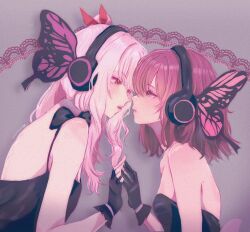 Rule 34 | 1girl, 1other, akiyama mizuki, bare shoulders, black dress, black gloves, butterfly wings, commentary, couple, dress, english commentary, eye contact, face-to-face, fingerless gloves, gloves, grey background, headset, highres, holding hands, insect wings, long hair, looking at another, magnet (vocaloid), medium hair, neonnyes, parted lips, pink hair, project sekai, shinonome ena, sleeveless, sleeveless dress, wings