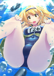 Rule 34 | 10s, 1girl, :d, air bubble, ass, bare legs, breasts, brown eyes, bubble, caustics, clothes writing, covered clitoris, hairband, hands on own knees, highres, i-26 (kancolle), kantai collection, large breasts, lens flare, light brown hair, long hair, looking at viewer, new school swimsuit, ocean, one-piece swimsuit, open clothes, open mouth, school swimsuit, short sleeves, smile, solo, submerged, swimsuit, swimsuit under clothes, takayama chihiro, thighs, torpedo, two-tone hairband, two side up, underwater, water