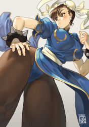 Rule 34 | 1girl, blue dress, blue panties, blush, bracelet, breasts, brown eyes, brown hair, brown pantyhose, bun cover, capcom, china dress, chinese clothes, chun-li, commentary, covered erect nipples, double bun, dress, earrings, english commentary, fingernails, from below, grey background, hair bun, hand on own hip, highres, jewelry, large breasts, legs, leotard, leotard peek, narrow waist, panties, panties over pantyhose, pantyhose, pantyshot, pelvic curtain, poch4n, puffy short sleeves, puffy sleeves, ribbon, sash, short hair, short sleeves, solo, spiked bracelet, spikes, street fighter, street fighter ii (series), taut clothes, taut dress, thick thighs, thighs, underwear, white ribbon