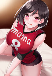 Rule 34 | 1girl, bare shoulders, black hair, black shorts, black thighhighs, blush, breasts, closed mouth, collarbone, commentary request, elbow pads, hair between eyes, hip focus, huyumitsu, large breasts, looking at viewer, mature female, mole, mole under eye, original, photoshop (medium), pink eyes, red shirt, shirt, short hair, shorts, smile, solo, sportswear, thighhighs, thighs, tongue, tongue out