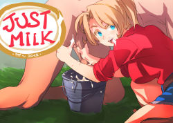 Rule 34 | 1boy, 1girl, all fours, blonde hair, blue eyes, boots, breasts, bucket, censored, clothed female nude male, cowboy boots, cum, cum in container, denim, denim shorts, ejaculation, english text, femdom, freckles, handjob, hetero, milking handjob, mosaic censoring, naso4, nude, on one knee, original, penis, penis milking, reverse grip handjob, shirt, short ponytail, shorts, sleeves rolled up, thumbs up