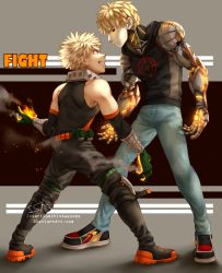 Rule 34 | 10s, 2boys, absurdres, angry, bakugou katsuki, black sclera, blonde hair, boku no hero academia, clenched teeth, colored sclera, commentary, crossover, curly hair, cyborg, english commentary, fighting stance, fire, freckles, genos, gloves, highres, insertsomthinawesome, male focus, mechanical arms, multiple boys, one-punch man, prosthesis, red eyes, short hair, single mechanical arm, smile, spiked hair, teeth, yellow eyes